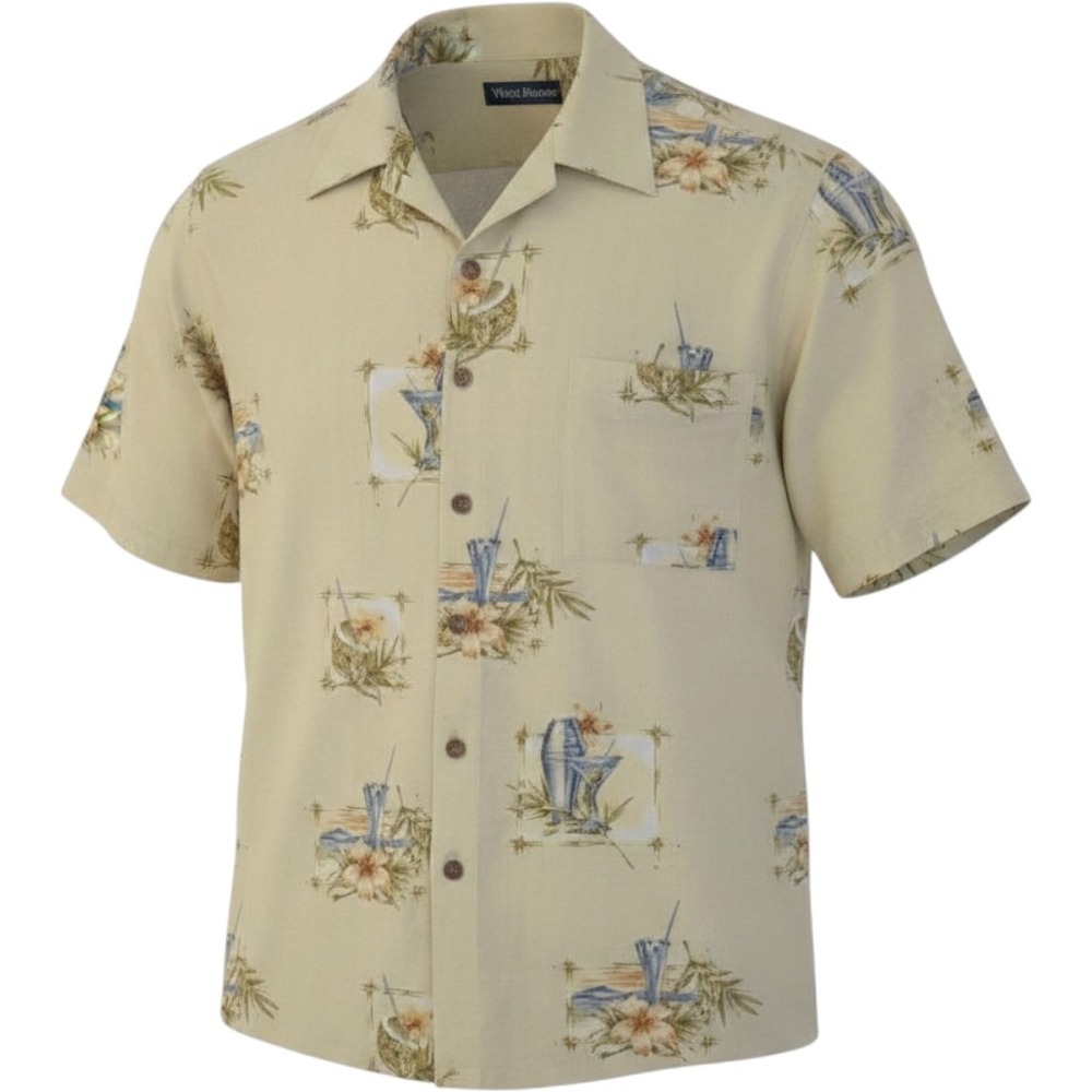 VTG West Marine Mens Yellow Hawaiian Camp Shirt‎ Martini Pina Colada Cocktail L